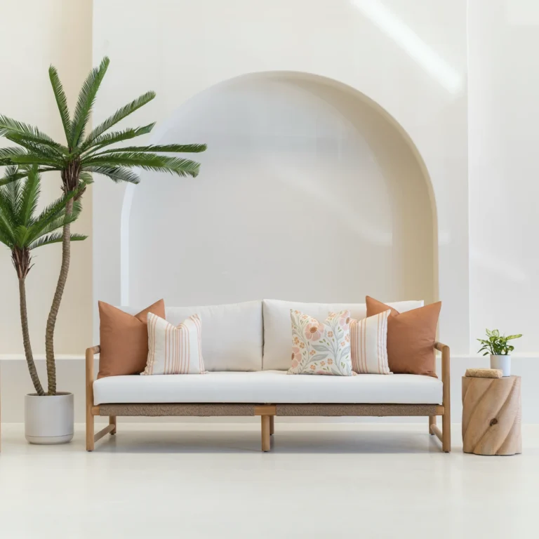 A wooden couch with a set of 5 desert bloom outdoor sofa cushions arranged neatly on it.