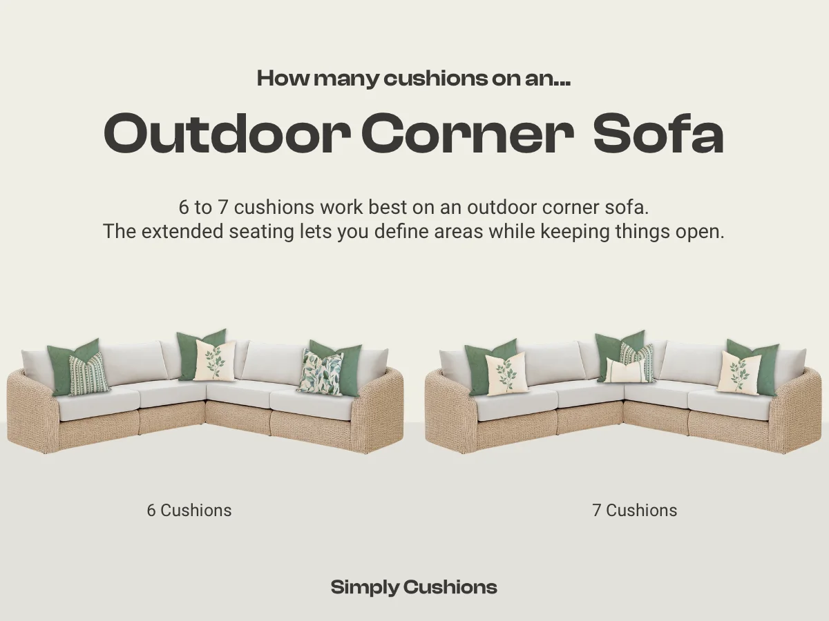 Graphic showing how many cushions on an outdoor corner sofa. 6 to 7 outdoor cushions work best. Sage green outdoor cushions used in two examples.