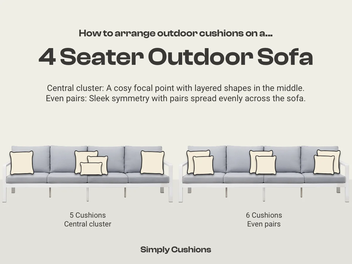 Image showing two options for how to arrange outdoor cushions on a 4 seater outdoor sofa. 5 outdoor cushions in a central cluster or 6 outdoor cushions in even pairs.