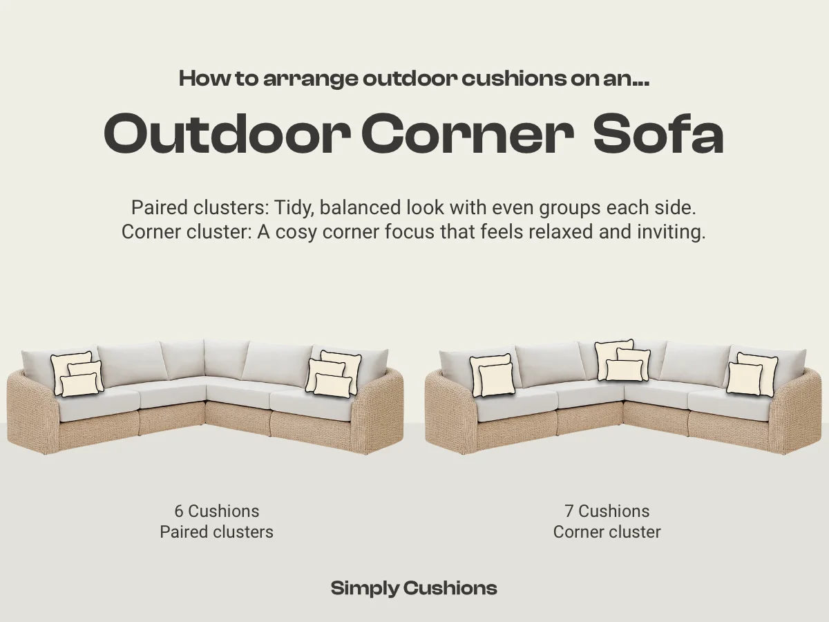 Image showing two options for how to arrange outdoor cushions on an outdoor corner sofa. 6 outdoor cushions in a paired cluster or 7 outdoor cushions in a corner cluster.