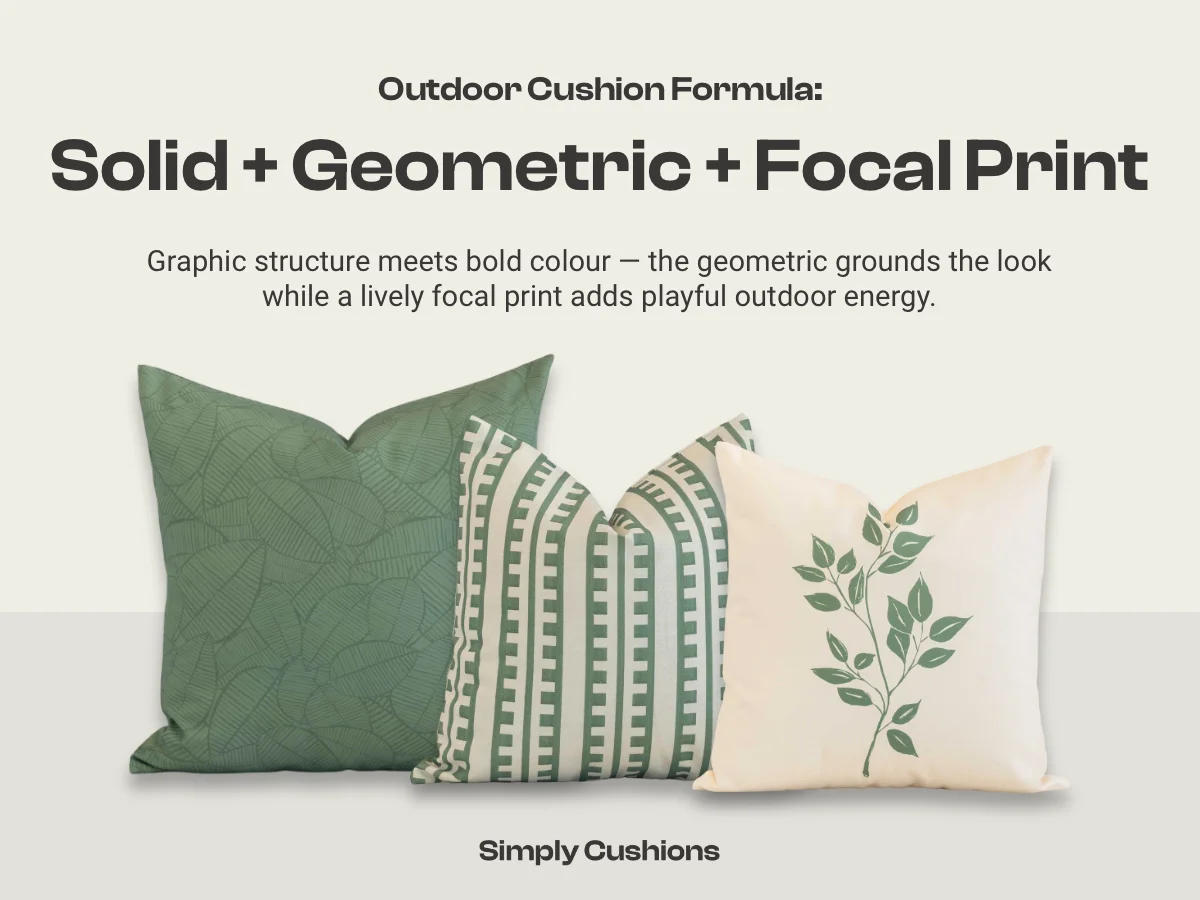Outdoor cushion combination formula: solid + geometric + focal print. Sage green coloured outdoor cushions are shown in the example. Graphic structure meets bold colour — the geometric grounds the look while a lively focal print adds playful outdoor energy.