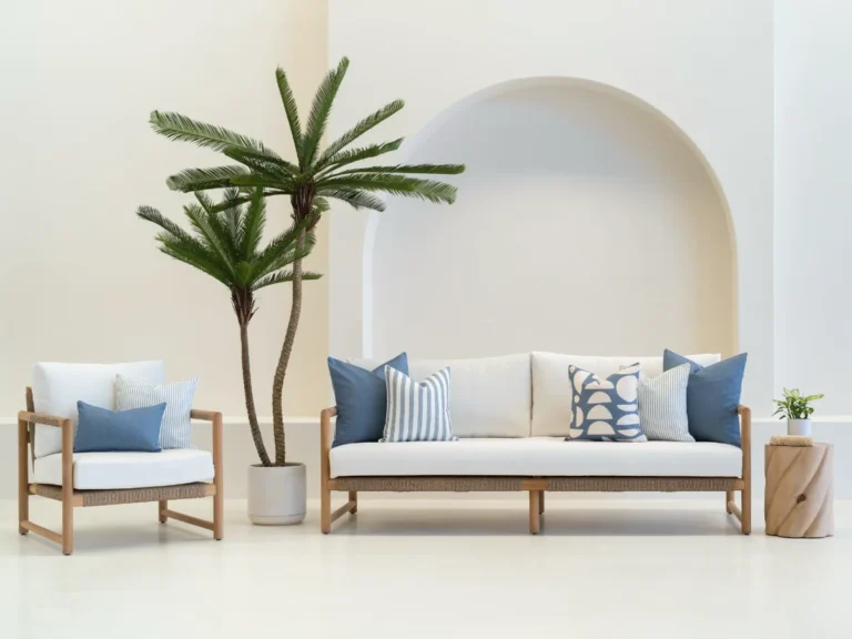 An outdoor cushion combination styled on two outdoor seats featuring coordinated blue designs in various patterns.