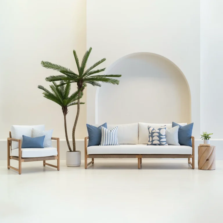 Living room scene with 7 pacific blue outdoor sofa cushions arranged on a white sofa.