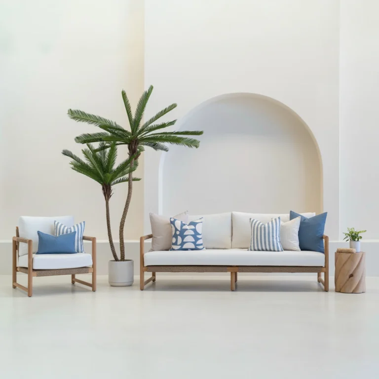 Set of 7 pacific cove outdoor sofa cushions is arranged neatly on a white sofa.
