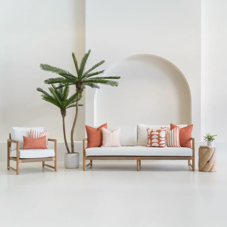 A white sofa is styled with a set of 7 pacific rust outdoor sofa cushions sitting on it.