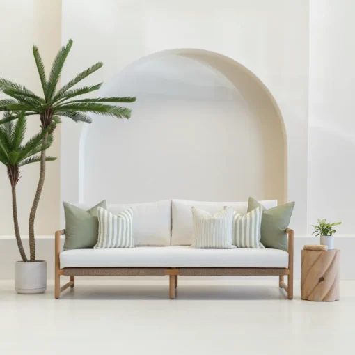 Pacific sage coloured outdoor sofa cushions in a set of 5 are styled on a white sofa.