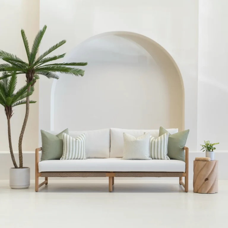 Pacific sage coloured outdoor sofa cushions in a set of 5 are styled on a white sofa.