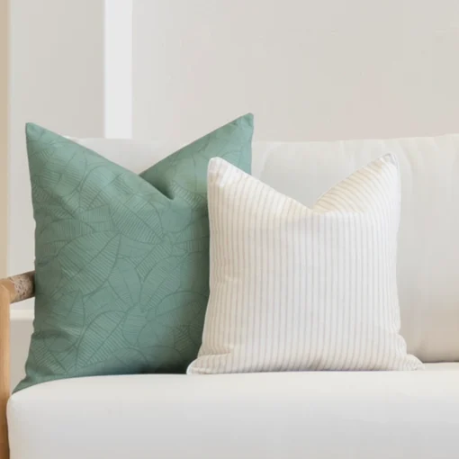 White living room scene with 2 sofa cushions arranged on a sofa.