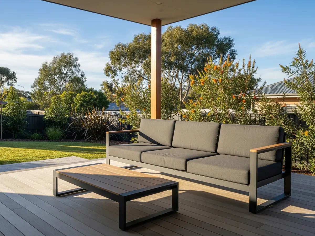 A typical Australian outdoor area is shown with a wooden deck, grey outdoor sofa and a backyard in the background.