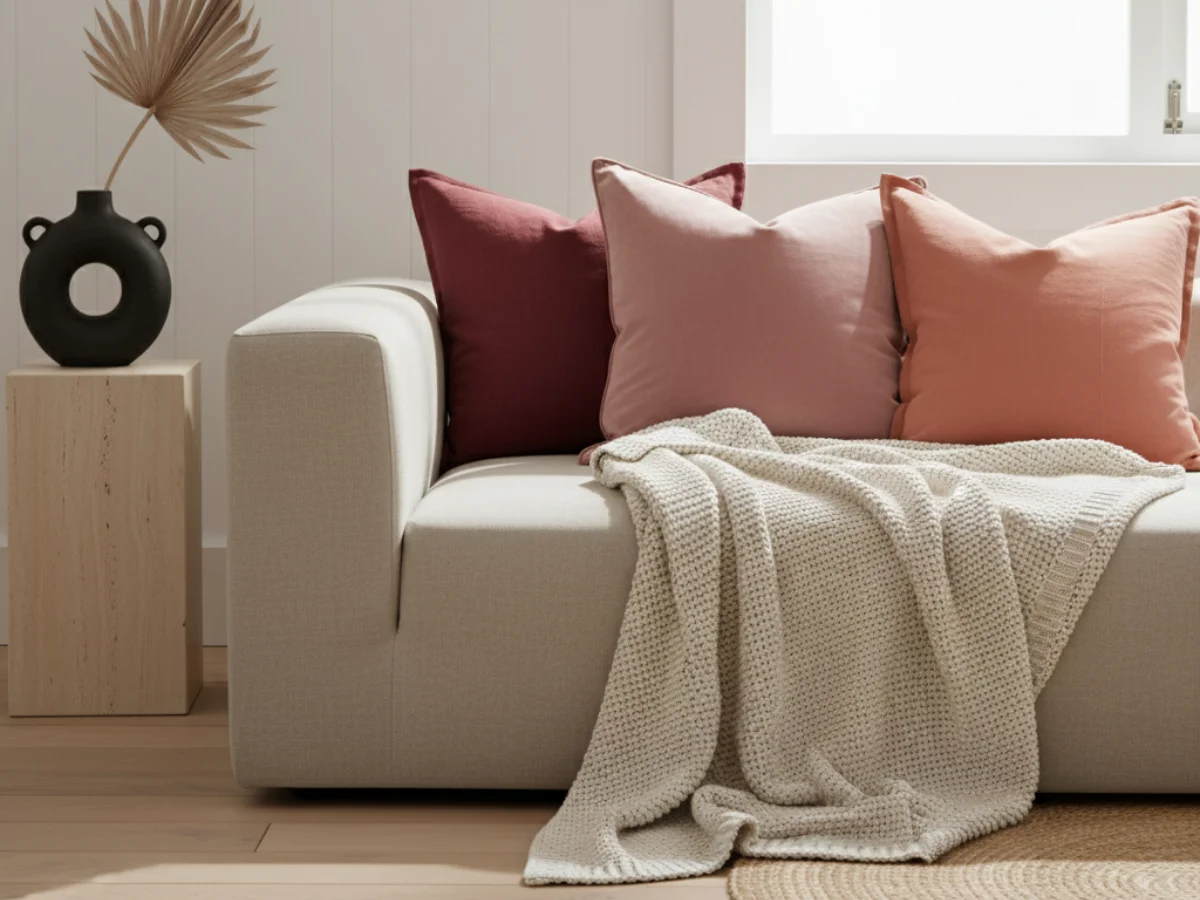 A chunky style sofa features cushions in pink, apricot and burgundy arranged and showing a, analogous colour palette.
