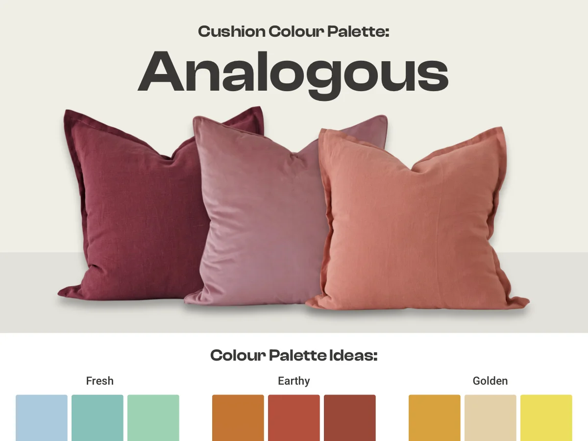 Graphic showing an example of indoor cushions in an analogous colour palette along with other colour swatch ideas for this palette.