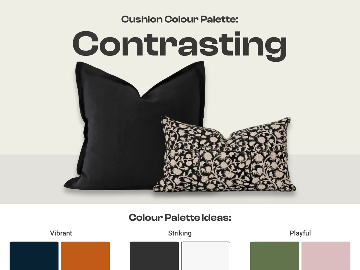 Graphic showing an example of indoor cushions in a contrasting colour palette along with other colour swatch ideas for this palette.