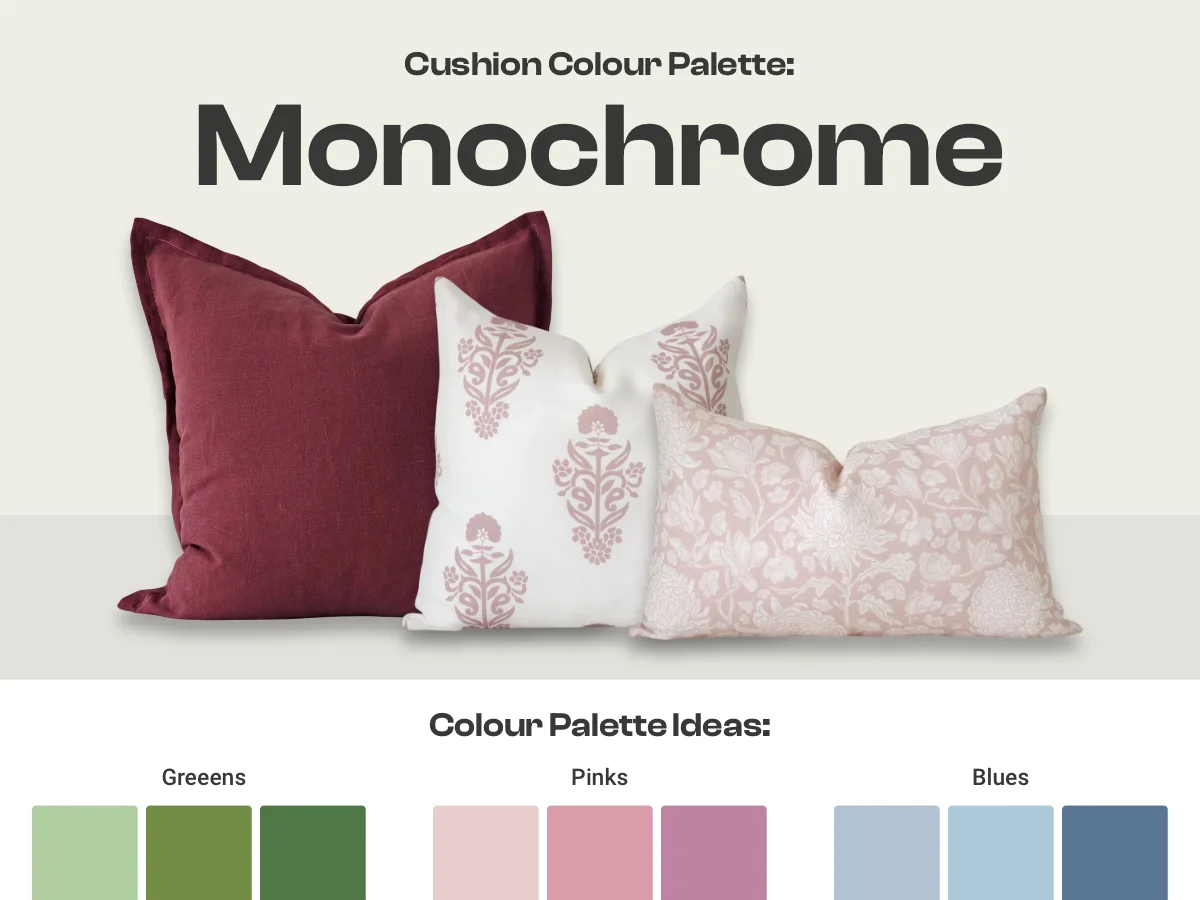 Graphic showing an example of indoor cushions in a monochrome colour palette along with other colour swatch ideas for this palette.