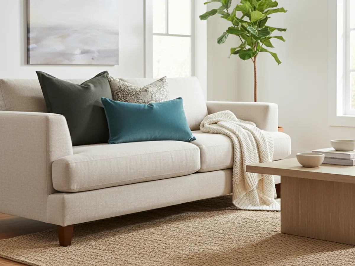A beautiful light filled living room shown with a soft beige sofa styled with cushions that use n accent colour palette.
