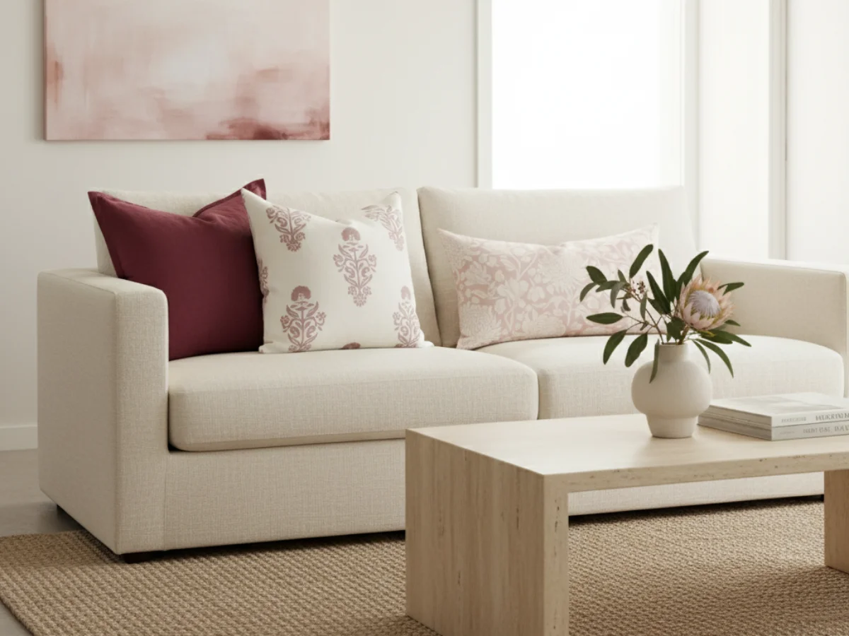 A modern living room is shown with cushions with pinks and deep burgundy showing a monochrome colour palette.