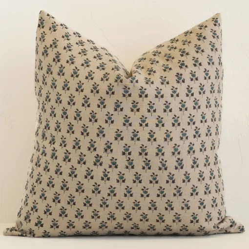 An eye-catching linen large cushion cover featuring a sand hue. It has a unique floral style.