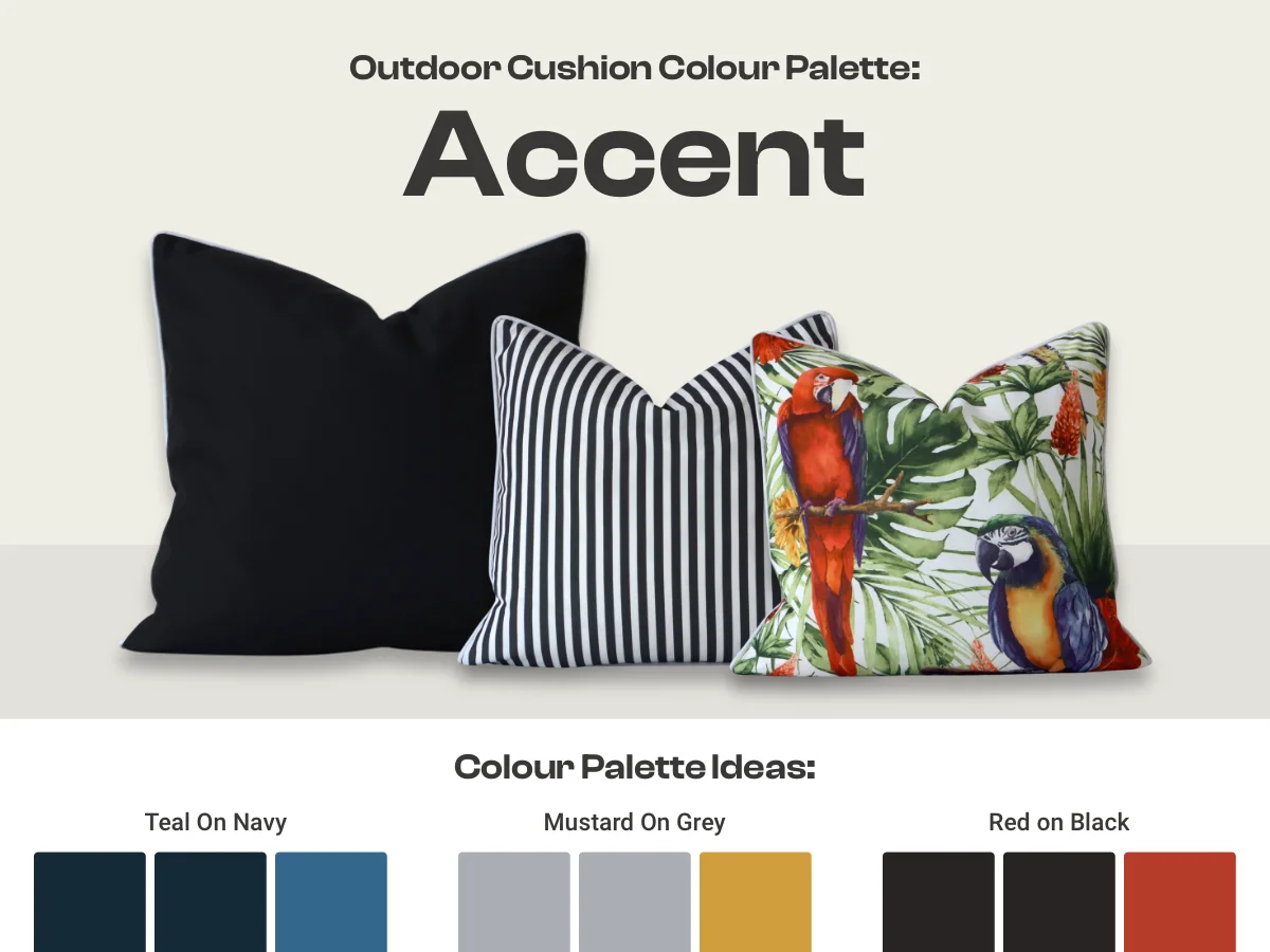 Graphic showing an example of an accent outdoor cushion colour palette.