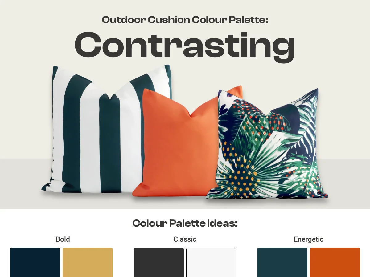 Graphic showing an example of a contrasting outdoor cushion colour palette.