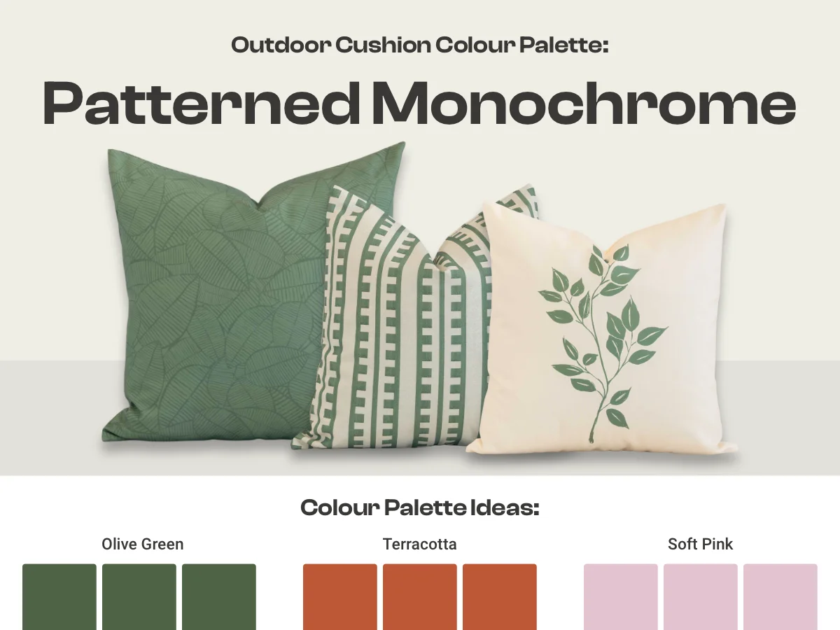 Graphic showing an example of a patterned monochrome outdoor cushion colour palette.