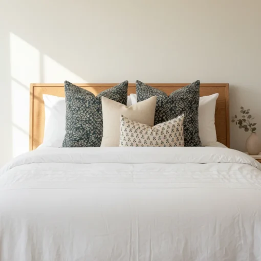 A set of 4 designer cushion covers arranged on a white bed.