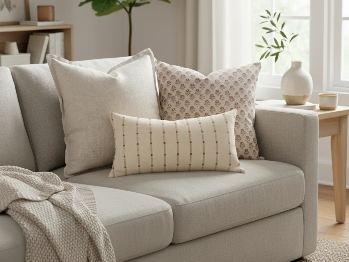 A set of 3 cushions that feature a neutral colour palette and delicate subtle patterns on them.