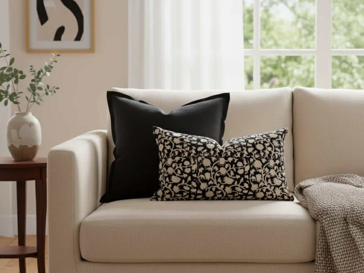 A striking pair of black and white cushions on a beige sofa demonstrating a contrasting colour palette.
