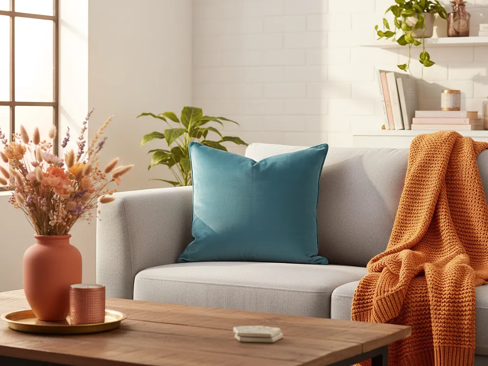 An aqua cushion sits next to a matching throw in a modern white living area.