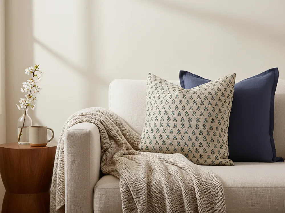 Linen cushions are paired together on a light sofa near a window.