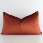 Bold rectangle rust cushion positioned in front of white wall. It has an elegant velvet material.