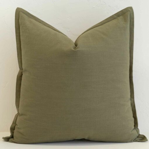 Khaki linen cushion cover with an earthy tone and relaxed, natural texture.