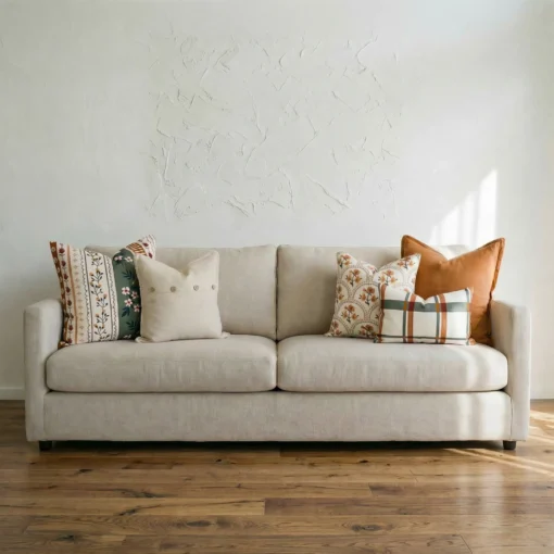 Marenca plaid cushions styled on beige sofa with mixed floral and check patterns.