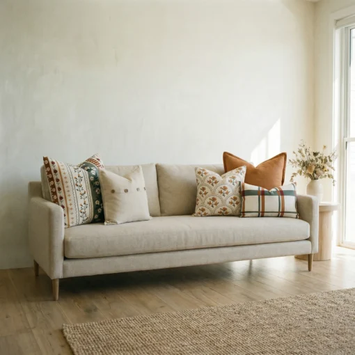Marenca ginger cushions displayed on sofa with mixed floral, striped and plaid designs.