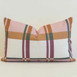 Pink plaid rectangular cushion cover with soft blush, warm tan and deep rose tones in a refined check pattern.