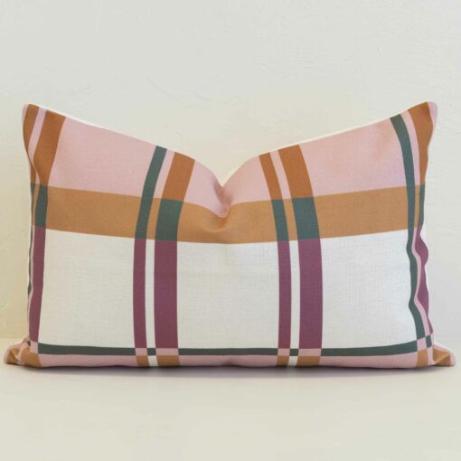 Pink plaid rectangular cushion cover with soft blush, warm tan and deep rose tones in a refined check pattern.