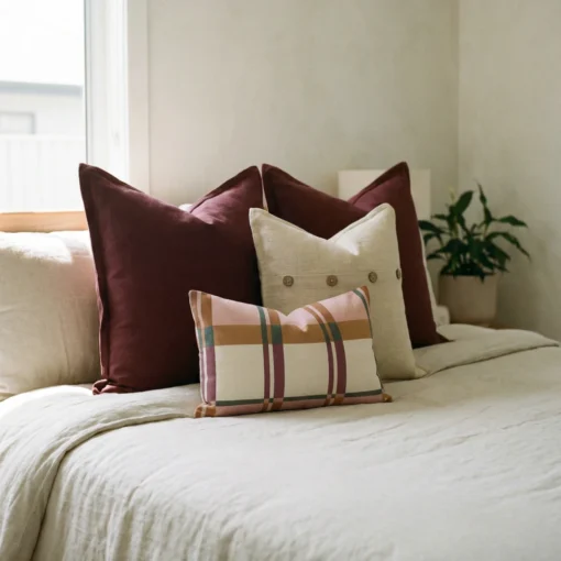 Marenca burnt orange cushions on bed with floral and plaid patterns in warm tones.