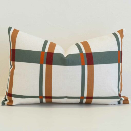 Plaid rectangular cushion cover in soft ivory with muted green, rust and ochre lines for a warm, tailored look.