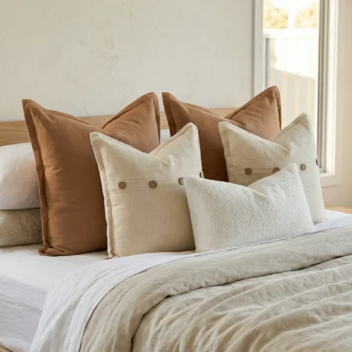 Marenca tan cushions styled on bed with layered neutrals and textured lumbar cushion.