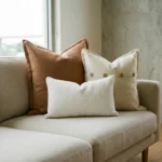 Marenca tan cushions arranged on beige sofa with button detail and textured lumbar cushion.
