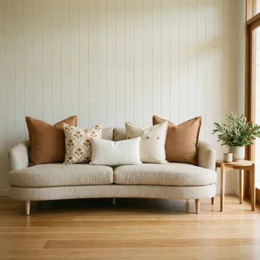Marenca tan cushions styled on sofa with warm tones and balanced symmetry.