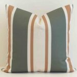 Wide stripe cushion cover featuring broad sage and cream bands with subtle tan accents for a relaxed, modern feel.