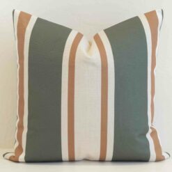Wide stripe cushion cover featuring broad sage and cream bands with subtle tan accents for a relaxed, modern feel.