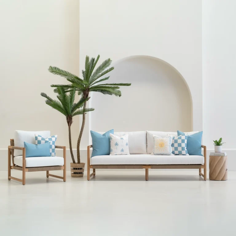 Tropica aqua cushions set with palm, sun and check patterns on sofa.