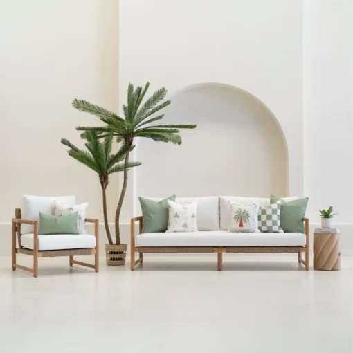 Tropica green cushions styled across sofa and chair with tropical patterns.