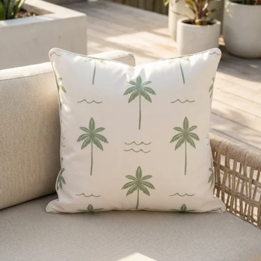 Tropica green cushion with palm tree pattern on outdoor lounge chair.