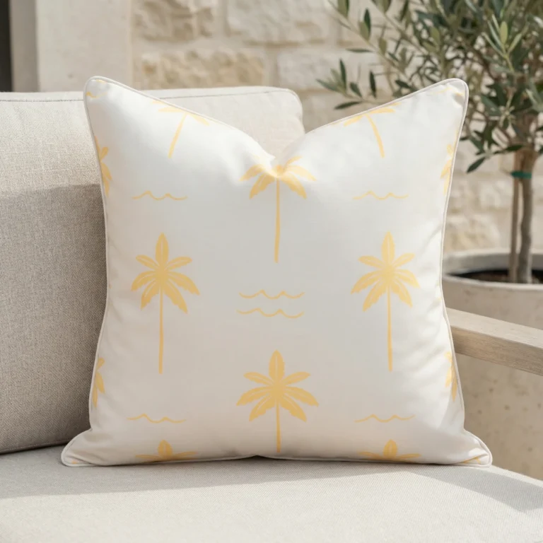 Tropica lemon yellow cushion with palm tree pattern on outdoor seating.