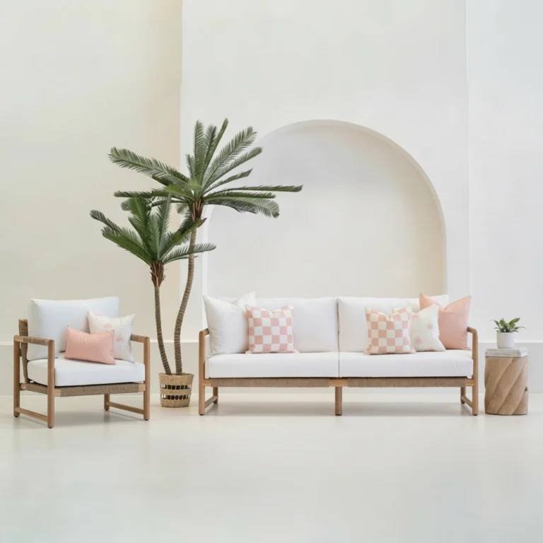 Tropica pink cushions styled on sofa and chair in outdoor setting.