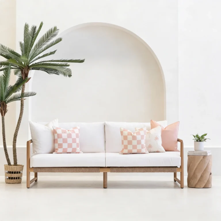 Tropica pink cushions arranged on outdoor sofa with soft blush tones.