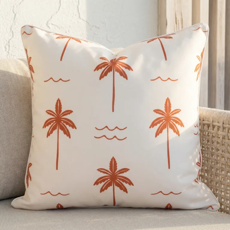 Close-up of Tropica cushion with red palm trees and wave pattern.