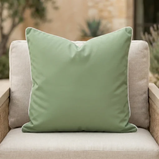 Tropica green cushion with white piping on outdoor armchair.