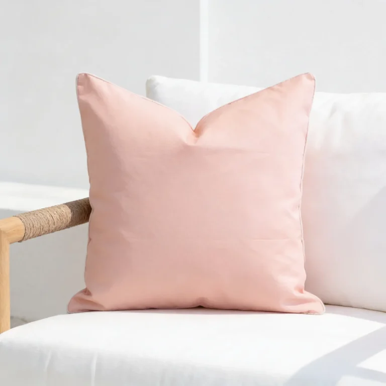 Tropica soft pink cushion with white piping on white outdoor chair.